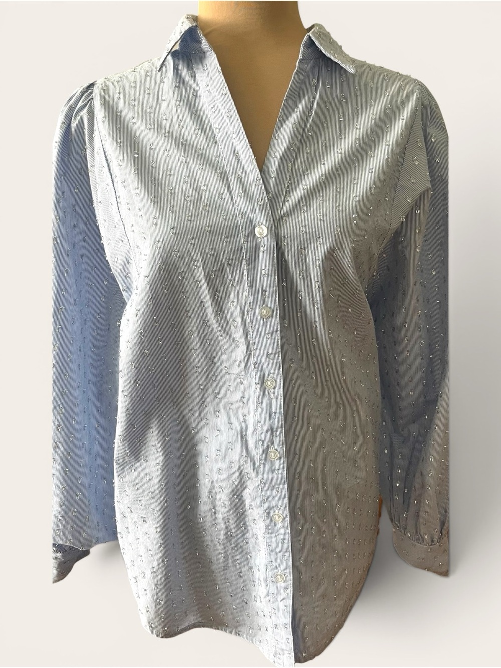 Marc New York Andrew Marc Blue Striped Metallic Dot Button Down Blouse Size M